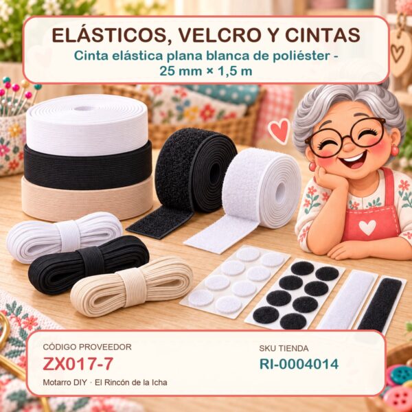 Cinta elástica plana blanca de poliéster – 25 mm × 1,5 m