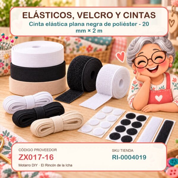 Cinta elástica plana negra de poliéster – 20 mm × 2 m