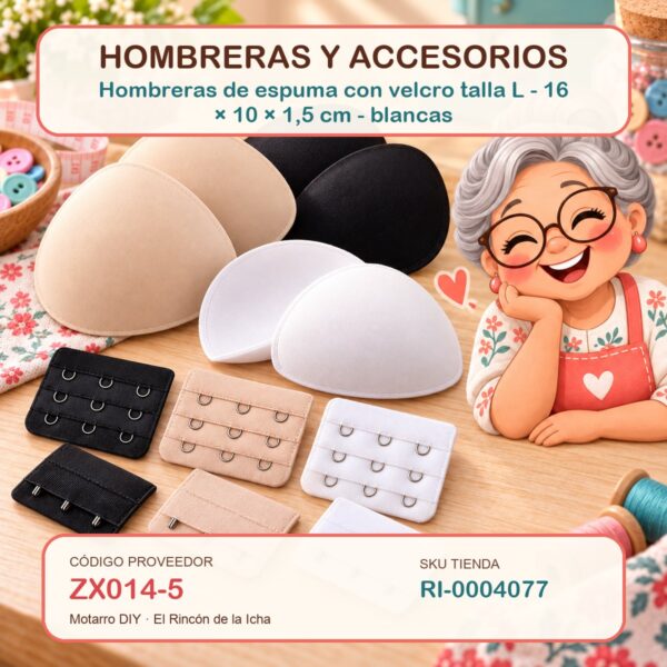 Hombreras de espuma con velcro talla L – 16 × 10 × 1,5 cm – blancas