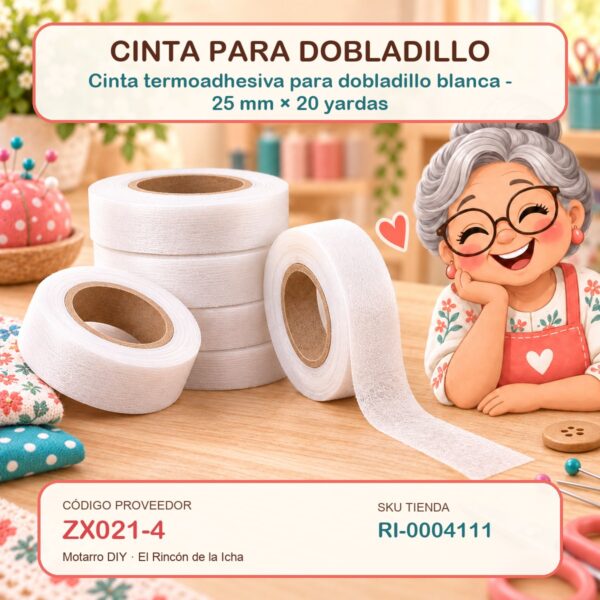 Cinta termoadhesiva para dobladillo blanca – 25 mm × 20 yardas
