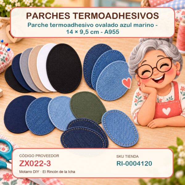 Parche termoadhesivo ovalado azul marino – 14 × 9,5 cm – A955