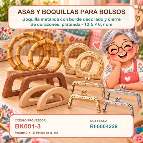 Boquilla metálica con borde decorado y cierre de corazones, plateada – 12,5 × 6,7 cm
