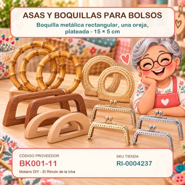 Boquilla metálica rectangular, una oreja, plateada – 15 × 5 cm
