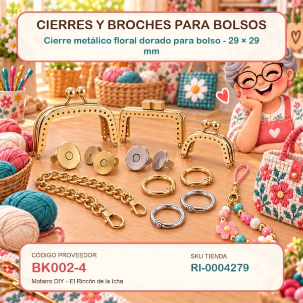 Cierre metálico floral dorado para bolso – 29 × 29 mm