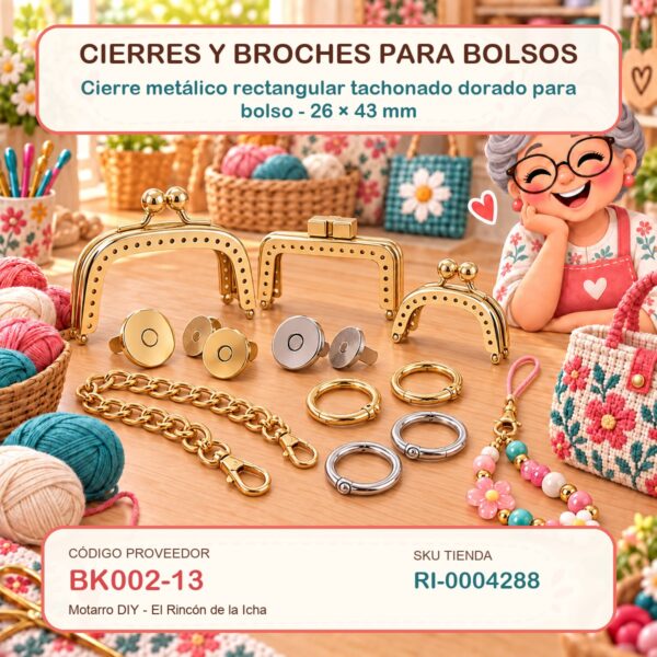 Cierre metálico rectangular tachonado dorado para bolso – 26 × 43 mm