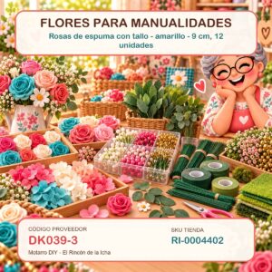 Rosas de espuma con tallo – amarillo – 9 cm, 12 unidades
