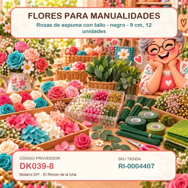 Rosas de espuma con tallo – negro – 9 cm, 12 unidades