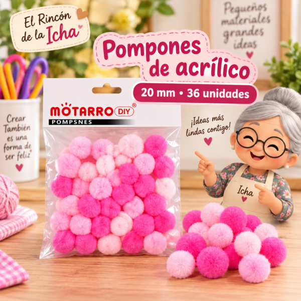 Pompones de acrílico de 20 mm, 36 unidades – Tonos rosados