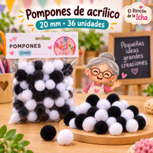 Pompones de acrílico de 20 mm, 36 unidades – Blanco y negro