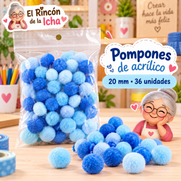 Pompones de acrílico de 20 mm, 36 unidades – Tonos azules