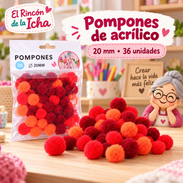 Pompones de acrílico de 20 mm, 36 unidades – Tonos rojos