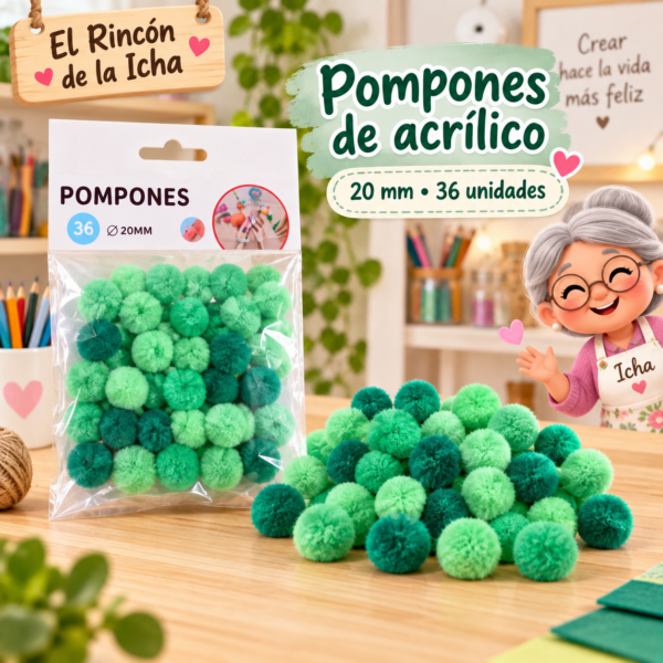Pompones de acrílico de 20 mm, 36 unidades – Tonos verdes