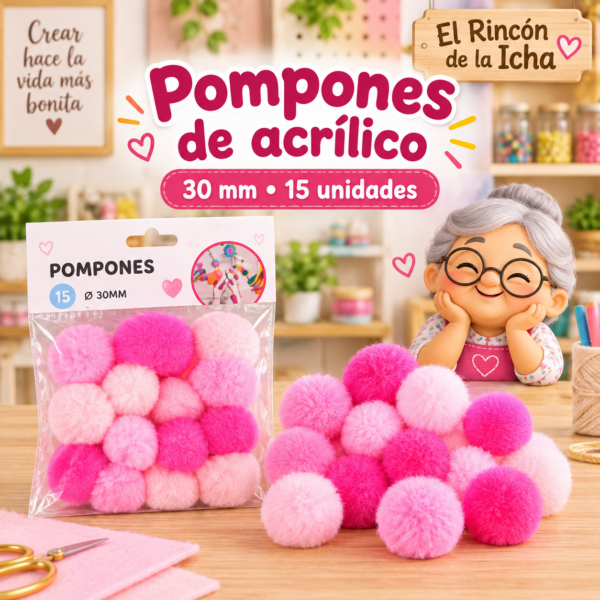 Pompones de acrílico de 30 mm, 15 unidades – Tonos rosados