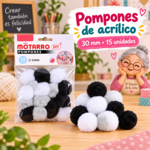 Pompones de acrílico de 30 mm, 15 unidades – Blanco y negro