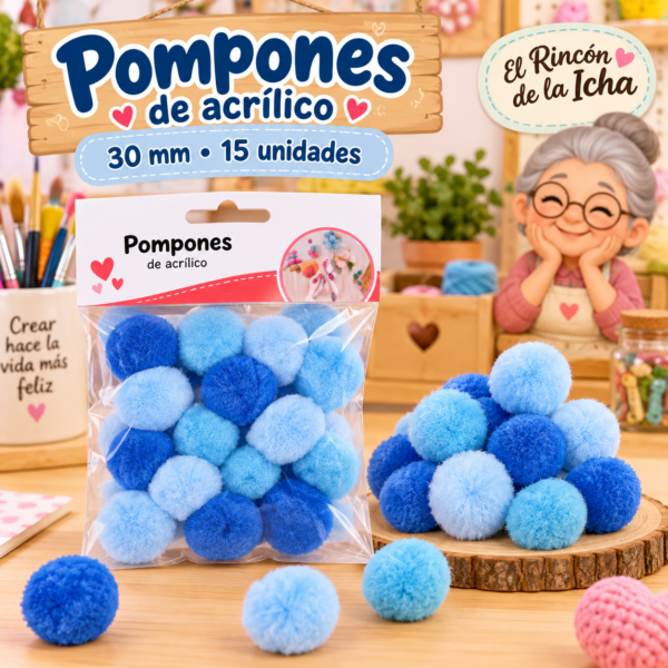 Pompones de acrílico de 30 mm, 15 unidades – Tonos azules