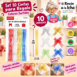 Set de 10 Cintas Decorativas Translúcidas para Regalo 35 cm – Colores Surtidos Set de 10 cintas decorativas translúcidas para regalo de 35 x 1,4 cm en colores surtidos