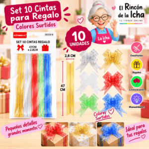 Set de 10 Cintas Decorativas Translúcidas para Regalo 47 cm – Colores Surtidos Set de 10 cintas decorativas translúcidas para regalo de 47 x 2,8 cm en colores surtidos