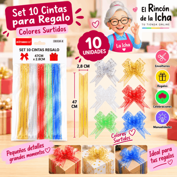 Set de 10 Cintas Decorativas Translúcidas para Regalo 47 cm – Colores Surtidos Set de 10 cintas decorativas translúcidas para regalo de 47 x 2,8 cm en colores surtidos