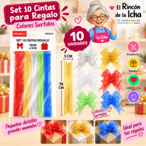 Set de 10 Cintas Decorativas Translúcidas para Regalo 78 cm – Colores Surtidos Set de 10 cintas decorativas translúcidas para regalo de 78 x 5 cm en colores surtidos