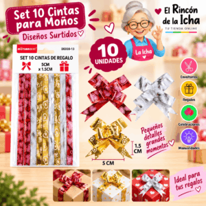 Set de 10 Cintas Estampadas para Moños de Regalo 5 x 1,5 cm – Diseños Surtidos Set de 10 cintas estampadas para moños de regalo de 5 x 1,5 cm en diseños y colores surtidos
