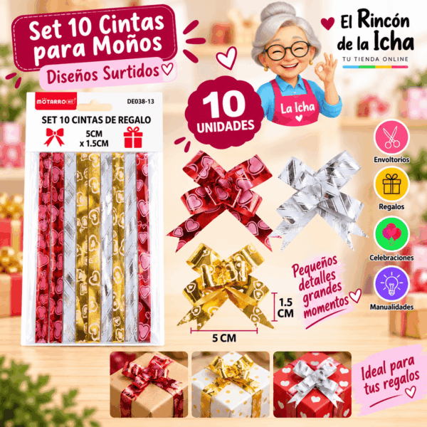 Set de 10 Cintas Estampadas para Moños de Regalo 5 x 1,5 cm – Diseños Surtidos Set de 10 cintas estampadas para moños de regalo de 5 x 1,5 cm en diseños y colores surtidos