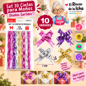 Set de 10 Cintas Estampadas para Moños de Regalo 7 x 1,8 cm – Diseños Surtidos Set de 10 cintas estampadas para moños de regalo de 7 x 1,8 cm en diseños y colores surtidos
