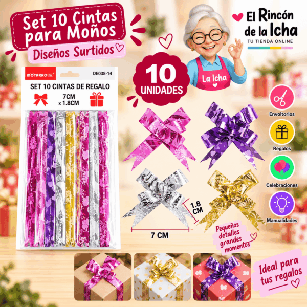 Set de 10 cintas estampadas para moños de regalo de 7 x 1,8 cm en diseños y colores surtidos