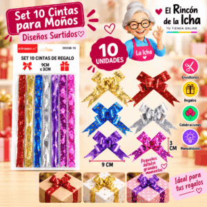 Set de 10 Cintas Estampadas para Moños de Regalo 9 x 3 cm – Diseños Surtidos Set de 10 cintas estampadas para moños de regalo de 9 x 3 cm en diseños y colores surtidos