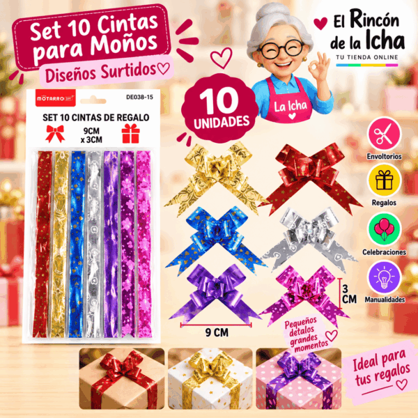 Set de 10 cintas estampadas para moños de regalo de 9 x 3 cm en diseños y colores surtidos