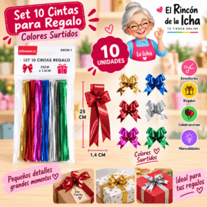 Set de 10 Cintas Metalizadas para Regalo 25 cm – Colores Surtidos Set de 10 cintas metalizadas para regalo de 25 x 1,4 cm en colores surtidos