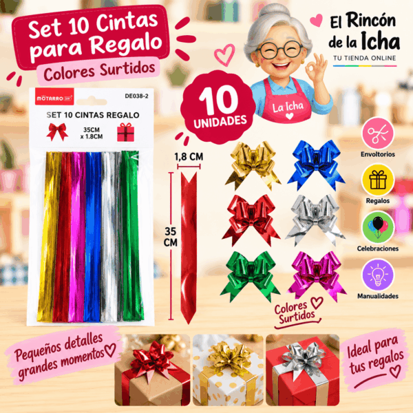 Set de 10 Cintas Metalizadas para Regalo 35 cm – Colores Surtidos Set de 10 cintas metalizadas para regalo de 35 x 1,8 cm en colores surtidos