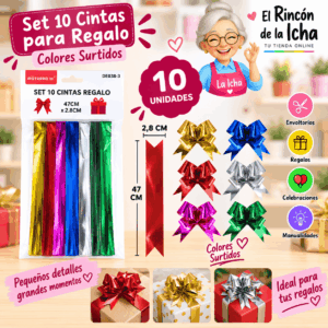 Set de 10 Cintas Metalizadas para Regalo 47 cm – Colores Surtidos Set de 10 cintas metalizadas para regalo de 47 x 2,8 cm en colores surtidos