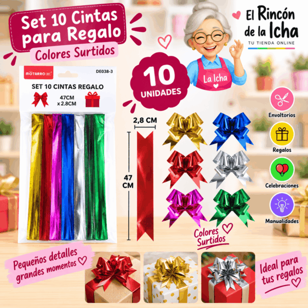 Set de 10 Cintas Metalizadas para Regalo 47 cm – Colores Surtidos Set de 10 cintas metalizadas para regalo de 47 x 2,8 cm en colores surtidos