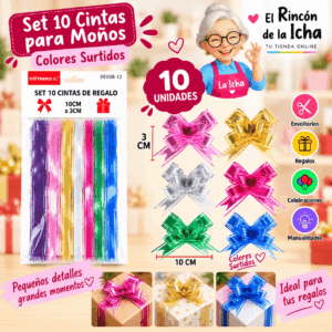 Set de 10 Cintas para Moños de Regalo 10 x 3 cm – Colores Surtidos Set de 10 cintas para moños de regalo de 10 x 3 cm en colores surtidos