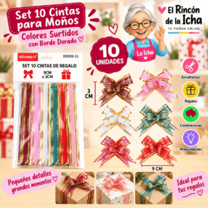 Set de 10 Cintas para Moños de Regalo 9 x 3 cm – Colores Surtidos con Borde Dorado Set de 10 cintas para moños de regalo de 9 x 3 cm en colores surtidos con borde dorado
