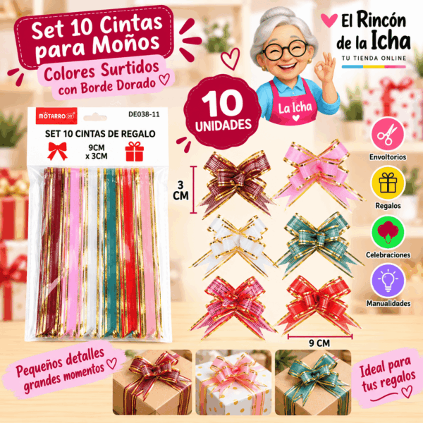Set de 10 Cintas para Moños de Regalo 9 x 3 cm – Colores Surtidos con Borde Dorado Set de 10 cintas para moños de regalo de 9 x 3 cm en colores surtidos con borde dorado