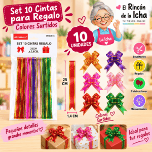 Set de 10 Cintas para Regalo con Borde Dorado 25 cm – Colores Surtidos Set de 10 cintas para regalo de 25 x 1,4 cm con borde dorado y colores surtidos