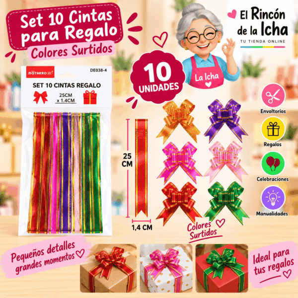 Set de 10 Cintas para Regalo con Borde Dorado 25 cm – Colores Surtidos Set de 10 cintas para regalo de 25 x 1,4 cm con borde dorado y colores surtidos