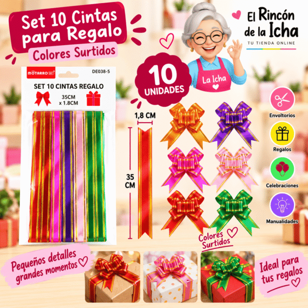 Set de 10 Cintas para Regalo con Borde Dorado 35 cm – Colores Surtidos Set de 10 cintas para regalo de 35 x 1,8 cm con borde dorado y colores surtidos