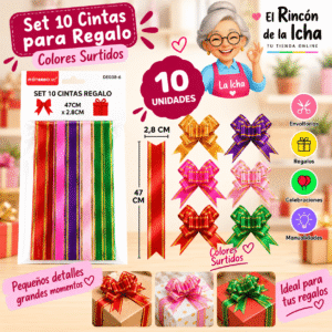 Set de 10 Cintas para Regalo con Borde Dorado 47 cm – Colores Surtidos Set de 10 cintas para regalo de 47 x 2,8 cm con borde dorado y colores surtidos