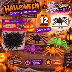 Set 12 Arañas Decorativas Halloween 6,5 x 4 cm Colores Surtidos Set de 12 arañas decorativas para Halloween de 6,5 x 4 cm en colores surtidos