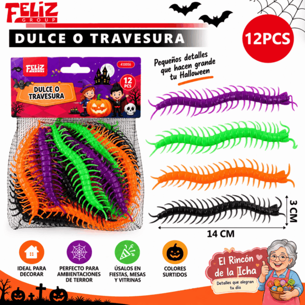 Set 12 Ciempiés Decorativos Halloween 14 x 3 cm Colores Surtidos Set de 12 ciempiés decorativos para Halloween de 14 x 3 cm en colores surtidos