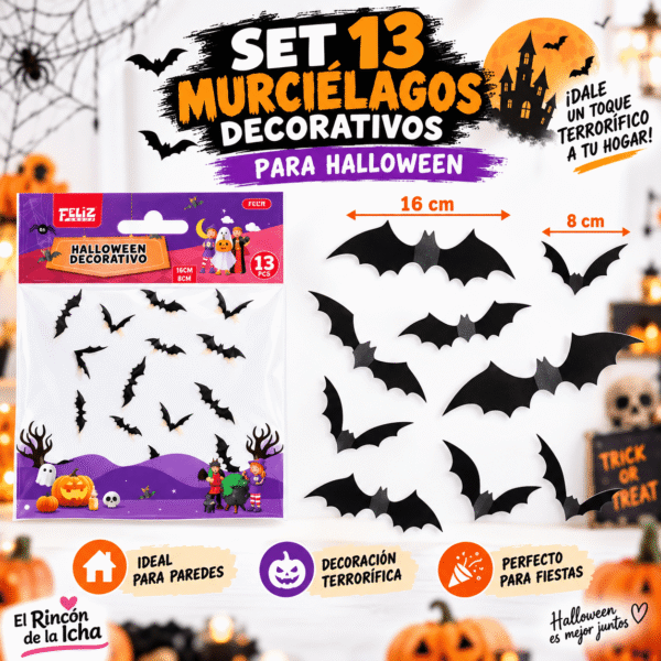 Set 13 Murciélagos Decorativos para Halloween 8 y 16 cm Set de 13 murciélagos decorativos para Halloween en tamaños de 8 y 16 cm con empaque temático
