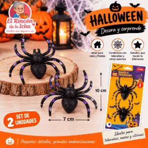 Set 2 Arañas Decorativas Halloween 10 x 7 cm Set de 2 arañas decorativas negras para Halloween de 10 x 7 cm con detalles morados