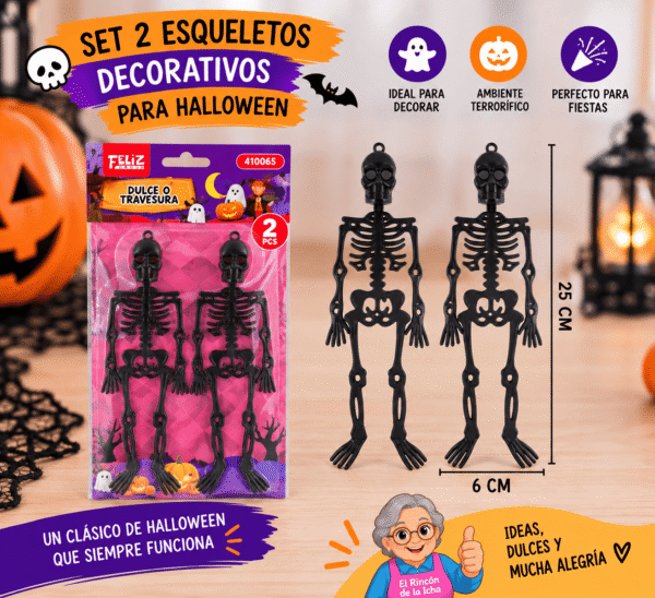 Set 2 Esqueletos Decorativos para Halloween 25 x 6 cm Set de 2 esqueletos decorativos negros para Halloween de 25 x 6 cm