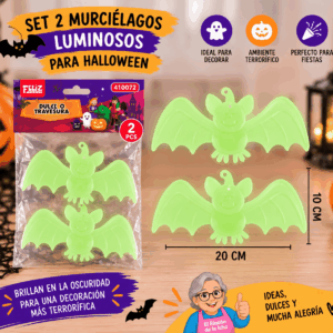 Set 2 Murciélagos Luminosos para Halloween 20 x 10 cm Set de 2 murciélagos luminosos para Halloween de 20 x 10 cm con diseño para colgar