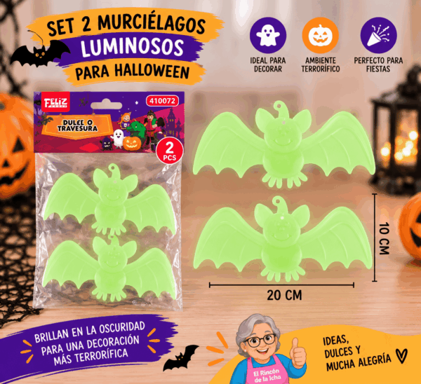 Set 2 Murciélagos Luminosos para Halloween 20 x 10 cm Set de 2 murciélagos luminosos para Halloween de 20 x 10 cm con diseño para colgar