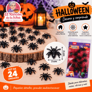 Set 24 Arañas Decorativas Halloween Negras 2 x 2 cm Set de 24 arañas decorativas negras para Halloween de 2 x 2 cm