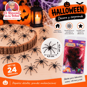 Set 24 Arañas Decorativas Halloween Negras 4,5 x 4,5 cm Set de 24 arañas decorativas negras para Halloween de 4,5 x 4,5 cm