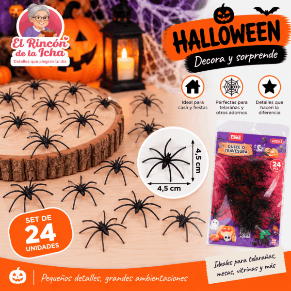 Set 24 Arañas Decorativas Halloween Negras 4,5 x 4,5 cm Set de 24 arañas decorativas negras para Halloween de 4,5 x 4,5 cm